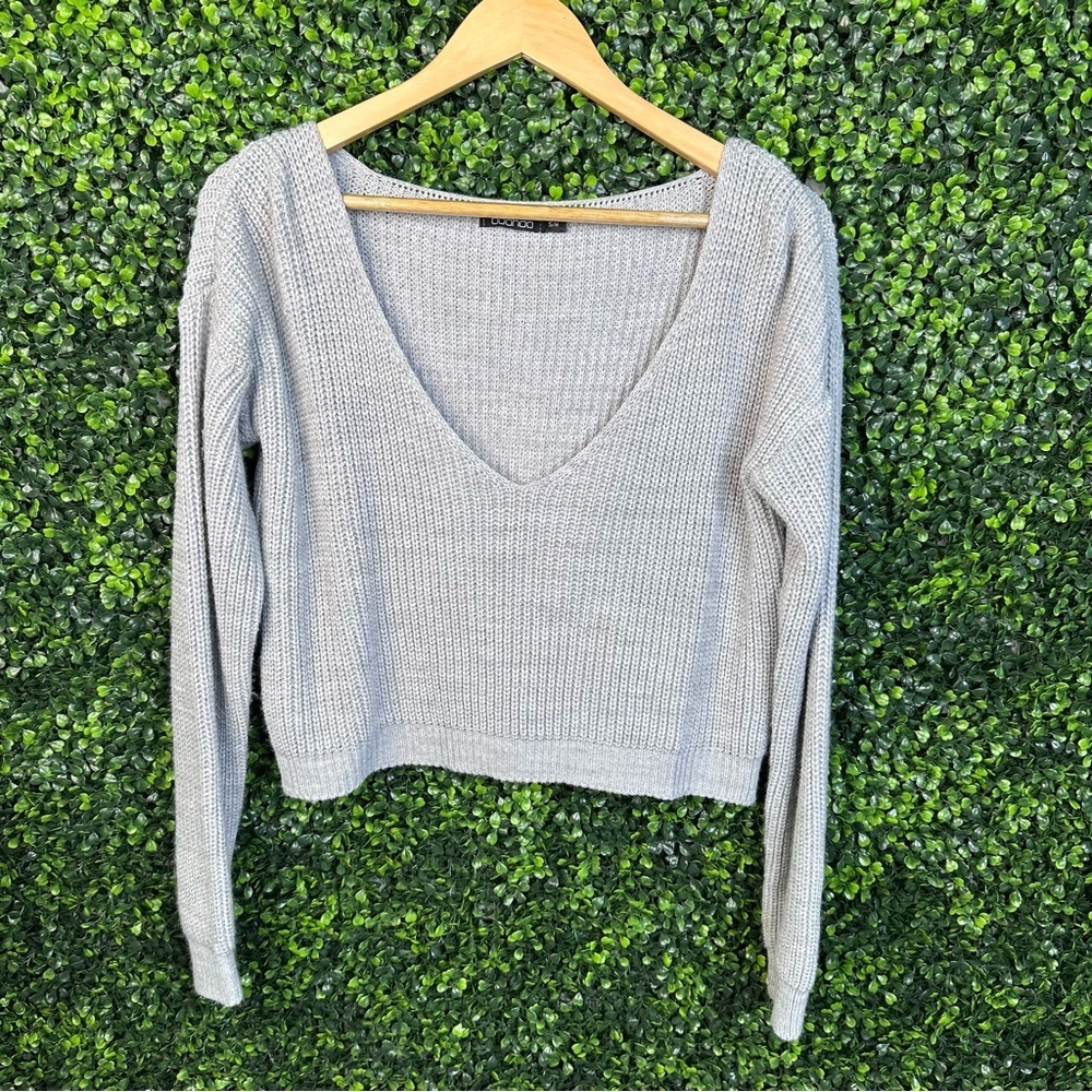 Boohoo gray knitted‎ deep v long sleeve